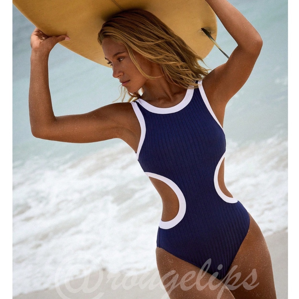 Blue Ribbed One Piece Swimsuit White Trim Cut Outs